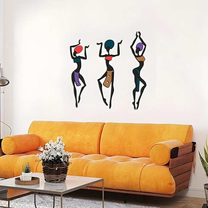 African Wall Decor Art, 3 Pieces Metal Wall Aesthetic Hallway Decor accessories, Maximalist Hanging Wall Decor, Ethnic Dance Style Drawing Wall Decorations, For Home Living Room Bedroom and Bathroom