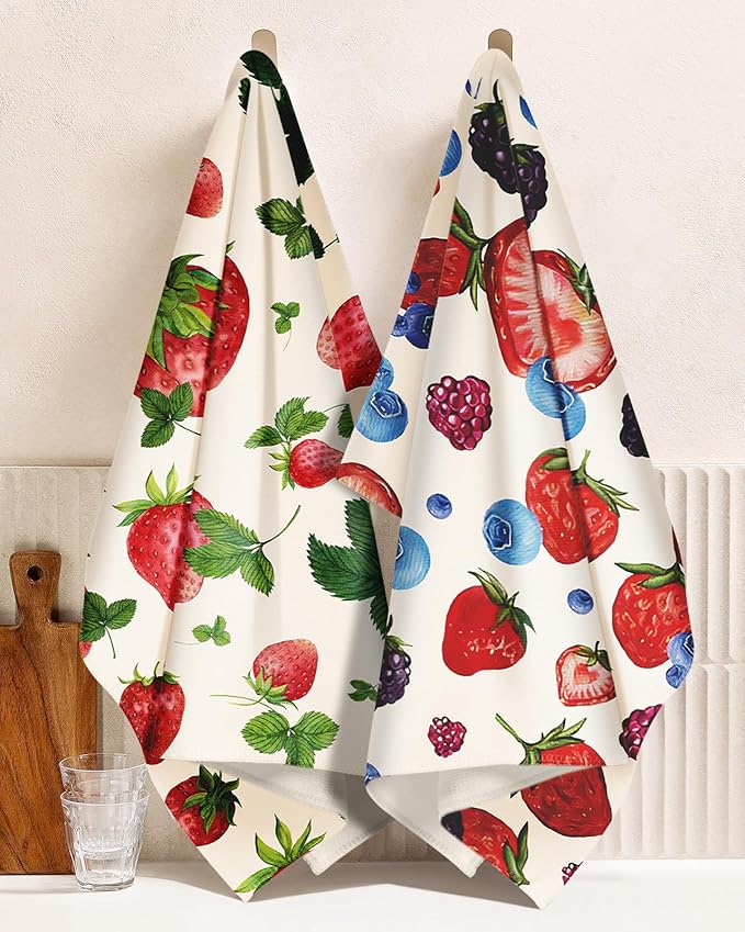 Microfiber Kitchen Towels - Set of 2 Dish Towels for Kitchen 18 x 26 Inch Home Decoration Leaf Strawberry Cute Spring Hand Towels Soft & Absorbent Aesthetic Design