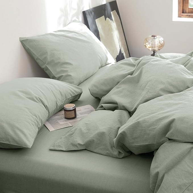 FOSSA Duvet Cover Set 100% Washed Cotton Linen Feel Super Soft Breathable Cozy 3 Pieces Bedding Sets Solid Sage Green Super King