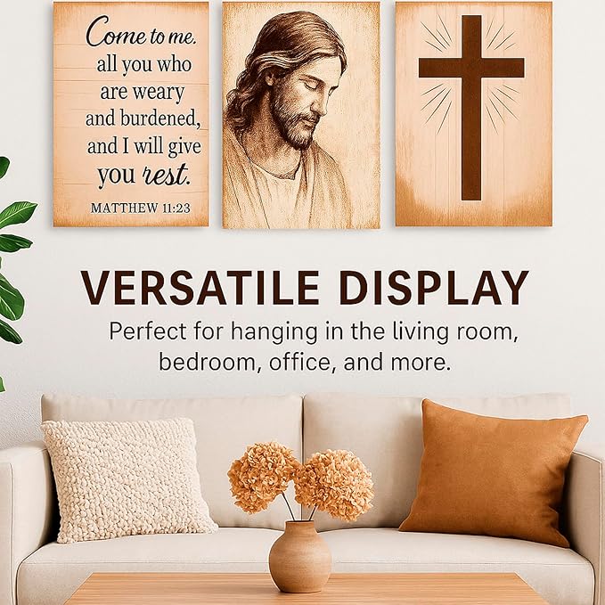 DoawBang Rustic Farmhouse Wall Art Set of 3– Jesus Portrait, Cross, and Scripture – Wooden Frame Canvas Prints, “Come to Me” Matthew 11:28, Christian Home Decor for Living Room, Prayer Room, 12"x16"