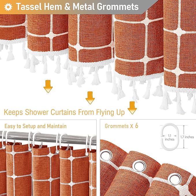 BTTN Boho Shower Stall Curtain - 36x72 Narrow Linen Ultra Thick Tassel Fabric Shower Curtain Set with 6 Plastic Hook, Half Camper RV Modern Farmhouse Country Shower Curtains for Bathroom, Brunt Orange