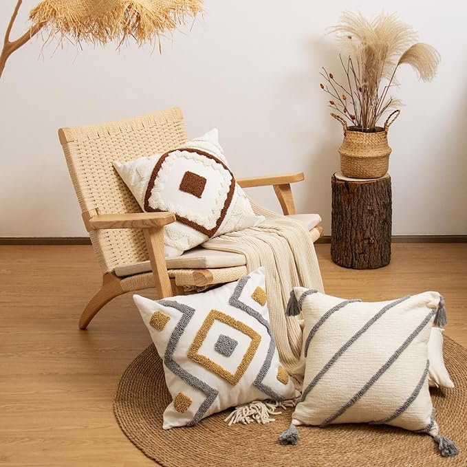 lifein 18x18 Pillow Covers-Throw Pillow Cover,Tufted Boho Jacquard Pillow Covers,Farmhouse Decorative Pillow Cover,Pillow Cases for Gift,Couch,Sofa,Bed,Chair,Living Room,Home Decor(18x18inch)