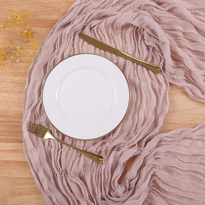 Crinkle Cheesecloth Table Runner 35x160 Inch Long Dusty Pink Boho Table Runner Rustic Gauze Wedding Dining Table Decorations for Holiday Birthday Party Baby Shower Event Decorations