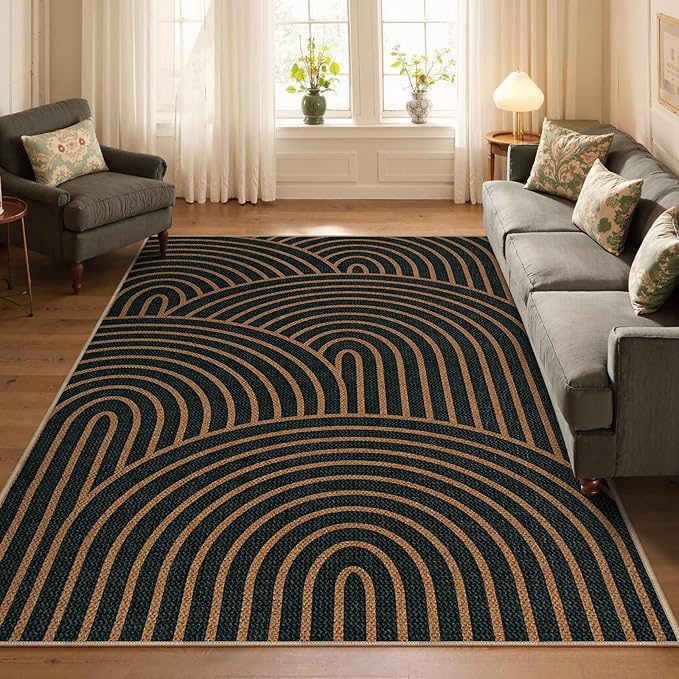 Lahome Modern Rainbow Easy Jute Carpet, Washable 5x7 Area Rugs for Living Room Black Farmhouse Dining Room Rug, Contemporary Natural Throw Mat Non Slip Floor Carpet for Office RV Patio