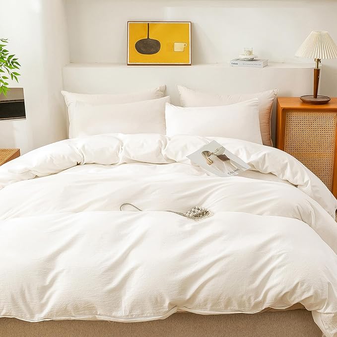 ECOCOTT White Duvet Cover Queen Size, 100% Washed Cotton 1 Duvet Cover with Zipper and 2 Pillowcases, Ultra Soft and Easy Care Breathable Bedding Set (White, Queen)