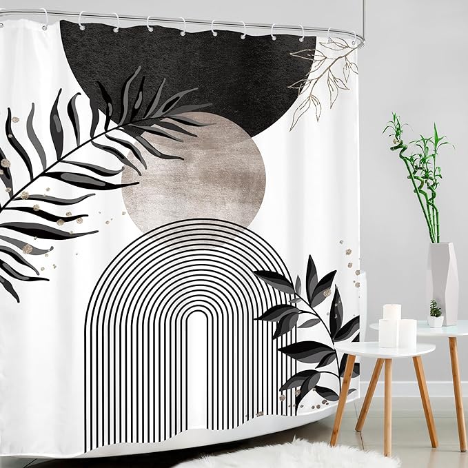 Black Grey Boho Shower Curtain 60Wx72H Bohemian Mid Century Modern Abstract Gray Gold Leaves Plant Minimalist Geometric Bathroom Decor Arch Neutral Bath Curtain Fabric Polyester 12 Pack Hooks