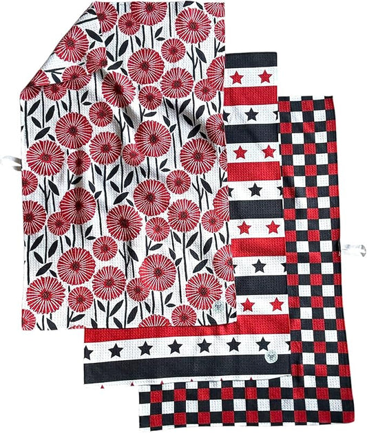 || 3 Pack|| Double Sided Dish Towels || Waffle Weave Microfiber || Tea Towels || Highly Absorbent || Hanging Loop || Dish Cloths || Modern || Designer Prints (July 4th)