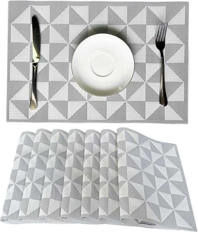 Placemat,Blending Color Durable Woven Vinyl Placemat Washable Heat-Resistant Anti-Skid Kitchen Dining Table Mats (Set of 8, White Black)