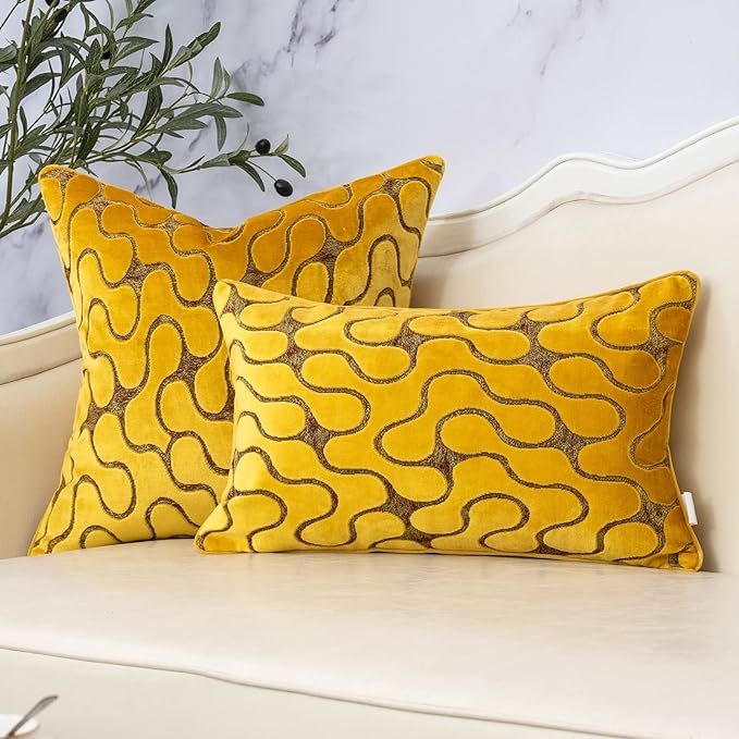 Yangest Yellow Throw Pillow Cover Wavy Cushion Cover Modern Zippered Rectangular Pillowcase for Sofa Couch Bedroom Living Room Home, 12x20 Inch