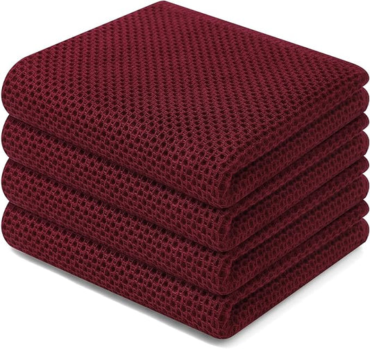 Homaxy 100% Cotton Waffle Weave Kitchen Dish Towels, Ultra Soft Absorbent Quick Drying Cleaning Towel, 13 x 28 Inches, 4-Pack, Burgundy
