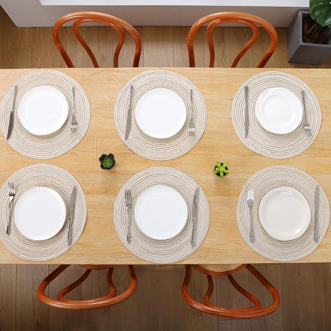 SHACOS Round Placemats Set of 6 Braided Circle Place Mat Washable 15 inch Table Mats for Kitchen Dining Table Decor Mixed Color (Ivory, 6)