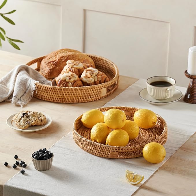 JUNGLE CULTURE Rattan Serving Tray 12" in Natural Honey • Woven Serving Trays with Handles for Home • Round Decorative Circle Table Tray • Boho Wicker Serving Basket for Ottoman, Coffee Table, Couch