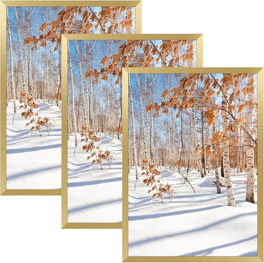 Golden State Art, A4 Aluminum Picture Frame, Gold Metal Thin Poster Frames for 8.3x11.7 inch Photo, Acrylic Front, Wall Hook for Horizontal or Vertical Display, 3 Pack