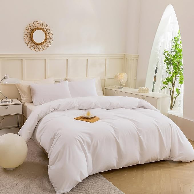 ECOCOTT White Duvet Cover King Size - 100% Washed Cotton Durable Soft Comfy Duvet Cover Set, Lightweight and Breathable with Zipper Closure & Corner Ties (White, 104''x90'')