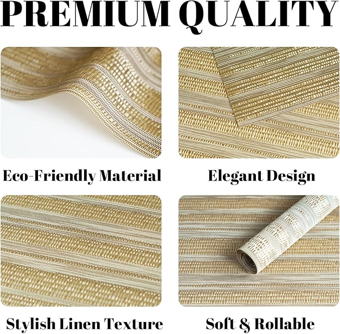 Placemats Set of 6 Vinyl/Plastic Woven Place Mats for Kitchen Table Indoor/Outdoor Washable Placemat Wipeable Dining Table Mats (Aurora Gold,6)
