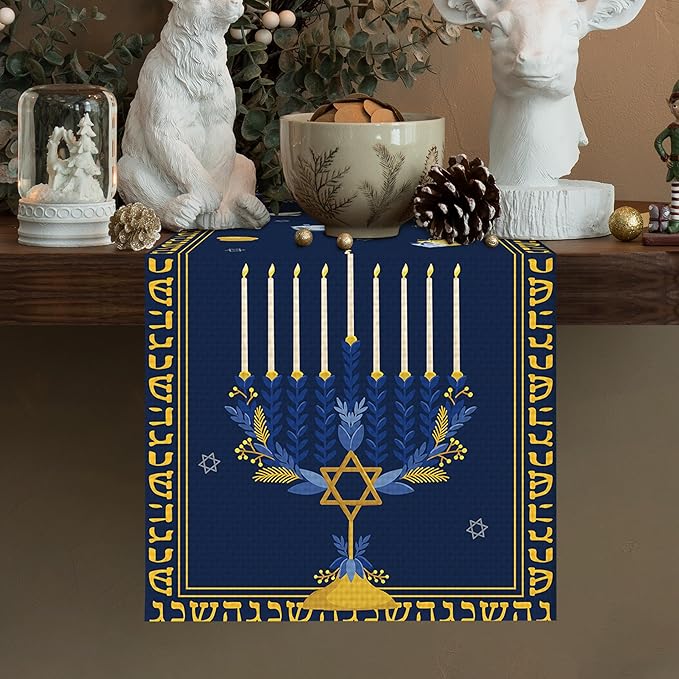 Hanukkah Burlap Table Runner Seasonal Kitchen Dining Linen Table Decoration for Indoor Outdoor Home Party Dinner 13x72 Inch