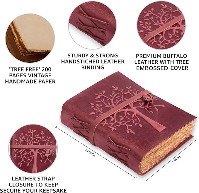LEATHER VILLAGE Tree of Life Journal - 10 X 7 inches - Fuchsia - 200 Antique Deckle Edge Handmade Paper – Book of Shadows - Vintage Leather Bound Journal for Women & Men