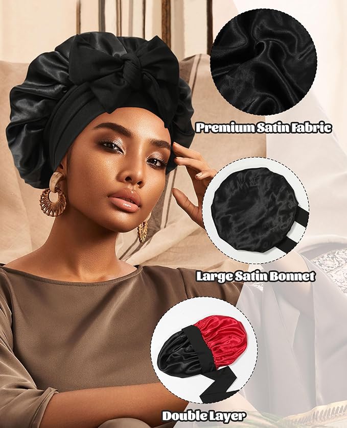 Satin Bonnet Silk Bonnet for Sleeping Silk Sleep Cap Double Layer Hair Bonnet with Elastic Tie Band for Curly Hair Night Cap (Black+Red)