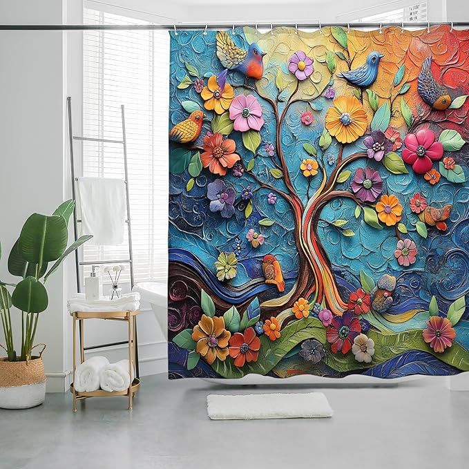 Bohemian Bathroom Curtain Colorful Boho Floral Print Beautiful Bright Polyester Fabric Cloth Shower Curtain for Bathroom Decoration, 72"x72"