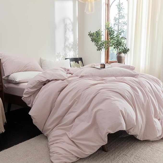 FOSSA Duvet Cover Set 100% Washed Cotton Linen Feel Super Soft Breathable Cozy 3 Pieces Bedding Sets Solid Greyish Pink Oversized Queen