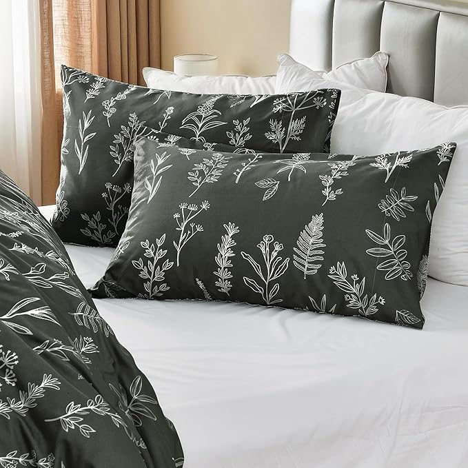 MUXHOMO Duvet Cover King Size, Reversible Floral Dark Grey Duvet Cover Set with Zipper Closure, 3 Pieces Botanical Patterns Soft Microfiber Bedding Set (90"x104", 2 Pillow Cases 20"×36")