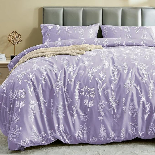 MUXHOMO Duvet Cover Full Size, Reversible Floral Lavender Duvet Cover Set with Zipper Closure, 3 Pieces Botanical Patterns Soft Microfiber Bedding Set with 4 Ties (80"x90", 2 Pillow Cases)