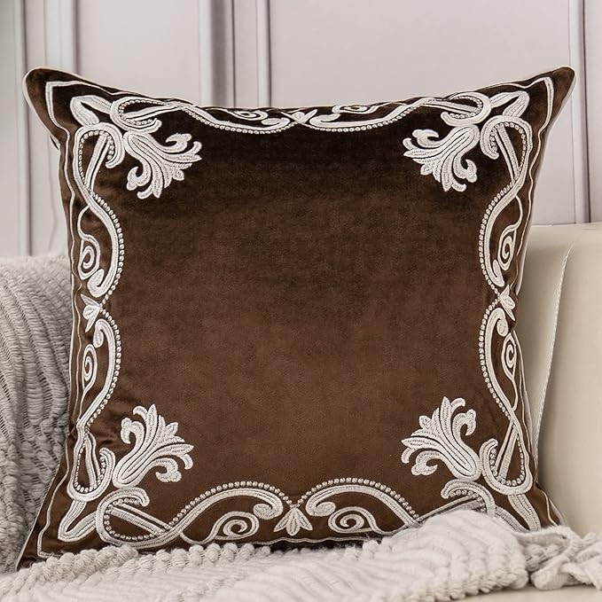 Aeckself European Floral Pillow Cover 18x18 Inch, Luxury Velvet Embroidered Decorative Throw Pillow Cover for Couch Bedroom Living Room, Brown and White