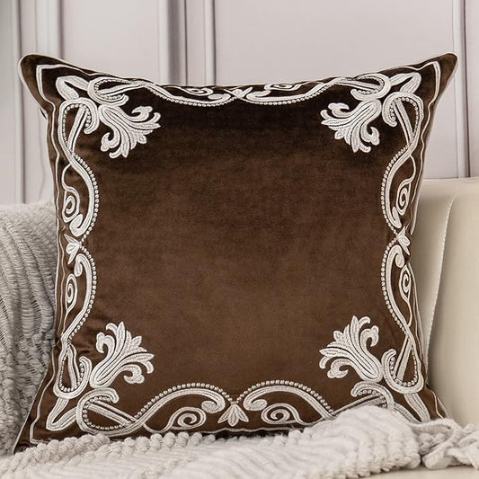 Aeckself European Floral Pillow Cover 20x20 Inch, Luxury Velvet Embroidered Decorative Throw Pillow Cover for Couch Bedroom Living Room, Brown and White