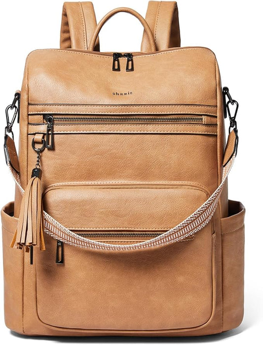 Shrrie 15.6 inch Laptop Backpack for Women,Large Leather Purse,Travel Backpacks Carry on,Water Resistant Casual Laptop Backpacks,College Backpack,Work Backpack for Women,Two-tone Camel Brown