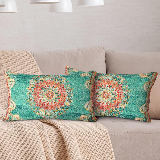 Boho Throw Pillow Covers 12x20 inch Set of 2,Boho Vintage Carpet Pattern Antique Ethnic Decor Double Sided Pattern Cushion Cover Soft Pillow Case Living Sofa Room Bed Square Pillow Cover