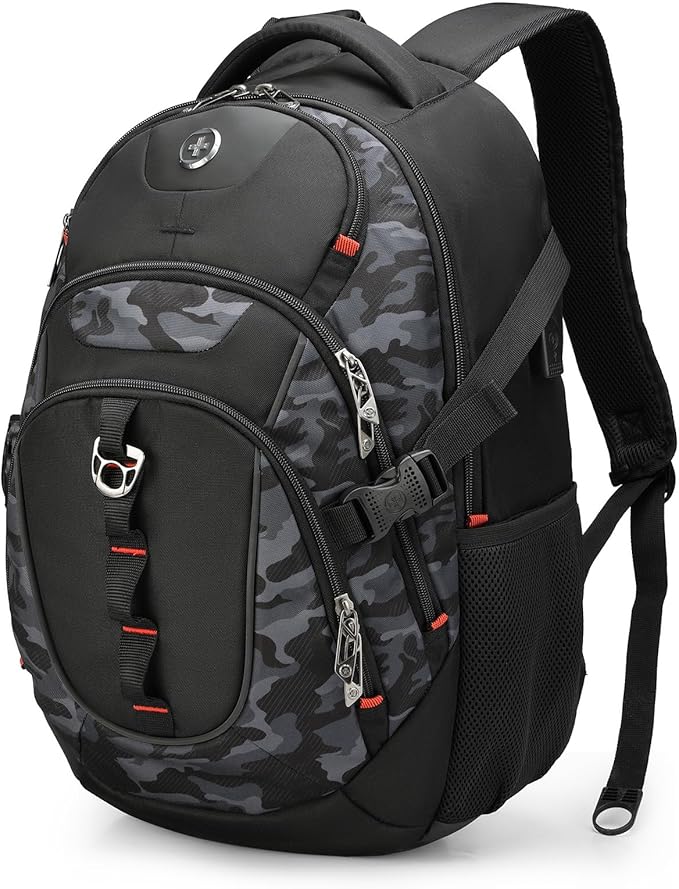 Swissdigital Design Laptop Backpack with USB Charging Port, Travel Backpack Fits 15.6 inches Computer, 31L College School Backpack for Men, Gray Camo | SD803