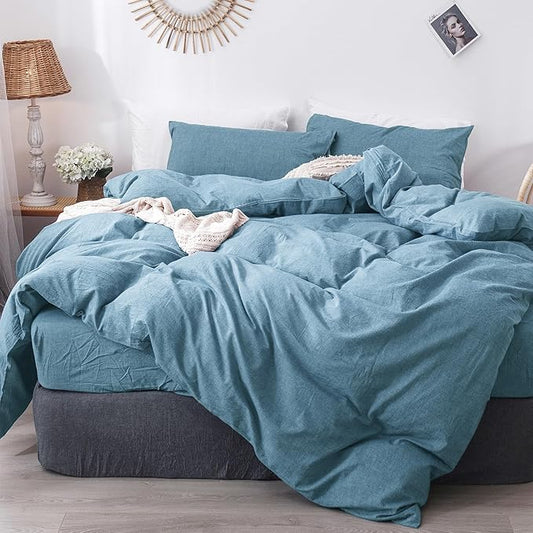 MooMee Bedding Duvet Cover Set 100% Washed Cotton Linen Like Textured Breathable Durable Soft Comfy (Heathered Peacock Blue, Cal King 104"x98")