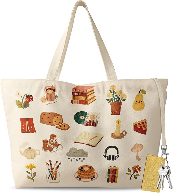 Large Tote Bag for Women - Aesthetic Cute Big Canvas Bags with Zipper Cotton Shoulder Bag for Gym, Travel, Work