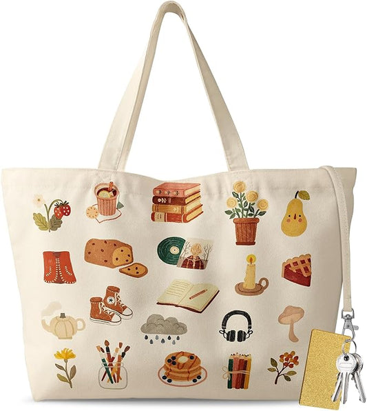 Large Tote Bag for Women - Aesthetic Cute Big Canvas Bags with Zipper Cotton Shoulder Bag for Gym, Travel, Work