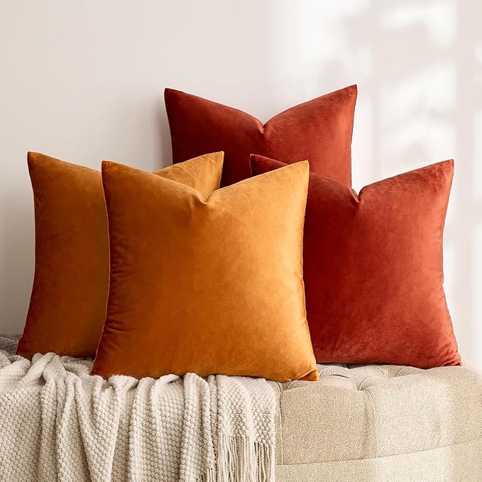 GIGIZAZA Velvet Burnt Orange Pillow Covers 18x18，Pack of 4 Decorative Throw Pillow Soft Covers Square Couch Pillow Modern Covers Living Room Luxury Cushion Covers