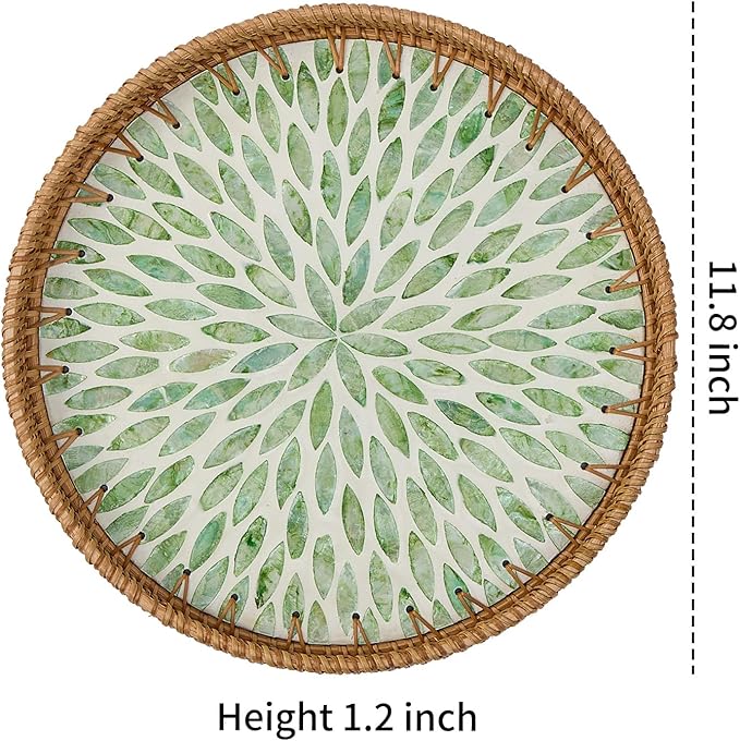 Round Rattan Tray for Home Decor 11.8 inch, Modern and Boho Decor Serving Tray with Mother of Pearl Inlay, Wicker Basket for Coffee Table, Hand Woven Decorative Tray Plates (Green)