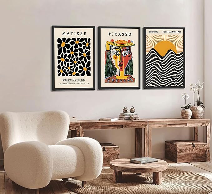 3 Pcs Gallery Wall Art Picasso Matisse Bauhaus Set Canvas Prints Abstract Paintings Posters Orange Black Modern Minimalist Wall Decor Pictures Suitable for Bedroom Living Room Decor (Unframed,