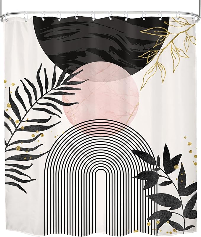 Black Pink Boho Shower Curtain Mid Century Modern Abstract Bohemian Minimalist Gold Leaves Sun Arch Geometric Plant 60Wx72H Bathroom Decor Neutral Bath Curtain Fabric Polyester 12 Pack Hooks