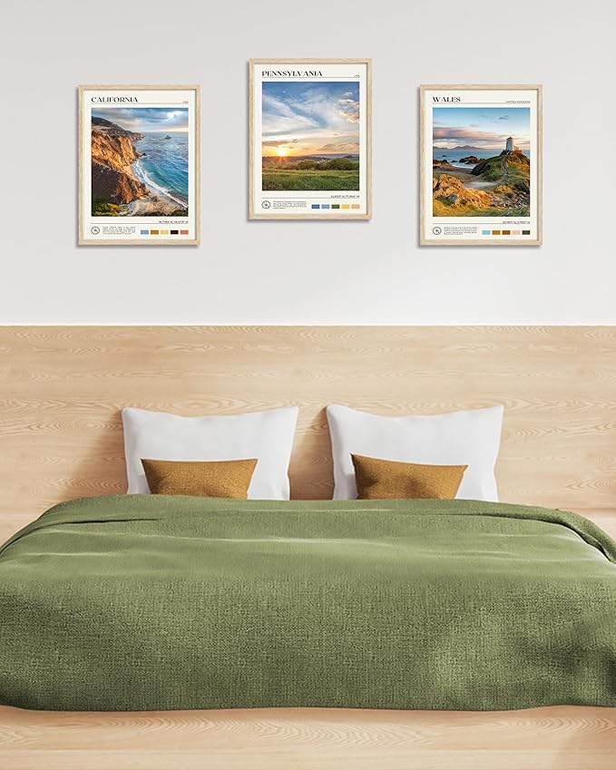 HesenDot Natural OAK Wood Framed Wales Wall Art,12x16in Tŵr Mawr Lighthouse Seascape Canvas Wall Print Posters, Classic Urban Landmark Wall Decor for Living Room, Bedroom, Office Gallery Set of 1