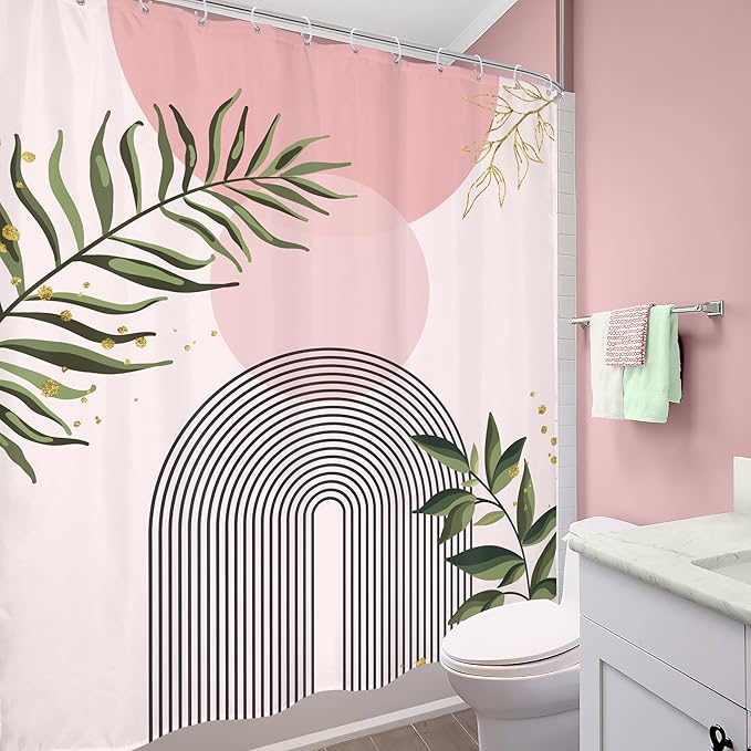 Pink Boho Shower Curtain 60Wx72H Mid Century Modern Abstract Gold Leaves Plant Sun Bathroom Decor Minimalist Geometric Arch Line Aesthetic for Girls Bath Curtain Fabric Polyester 12 Pack Hooks