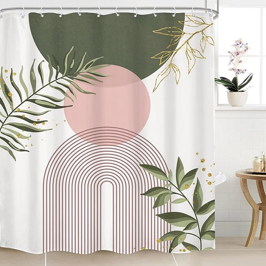 Pink Green Boho Shower Curtain 72Wx84H Extra Long Bohemian Mid Century Modern Abstract Sage Green Gold Leaves Plant Minimalist Bathroom Decor Arch Bath Curtain Fabric Polyester 12 Pack Hooks