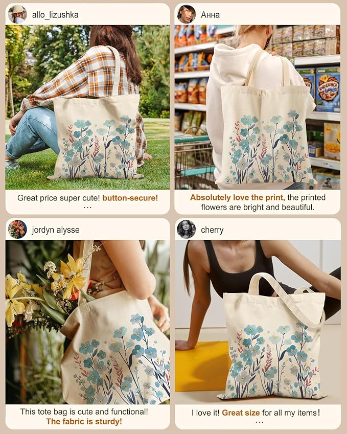 Canvas Tote Bag for Women – Aesthetic Canvas Bag with Zipper Cute Stylish Reusable Shoulder Totes for Shopping Work Daily Vacation, Blue Flowers