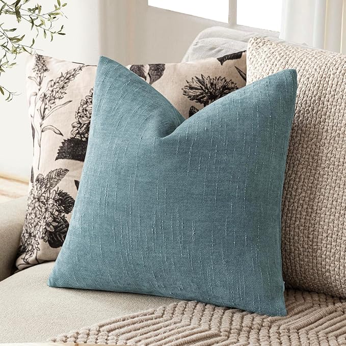 Foindtower Pack of 2 Textured Chenille Throw Decorative Pillow Covers Square Accent Solid Cushion Cover Neutral Farmhouse Pillow Case for Couch Sofa Bedroom Living Room 26x26 Inch,Light Blue