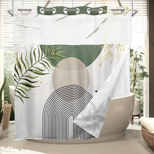 Sage Green Boho No Hooks Shower Curtain with Snap in Liner 72Wx72H Modern Mid Century Abstract Gold Leaves Minimalist Geometric Bathroom Decor Neutral Aesthetic Bath Curtain Fabric Polyester