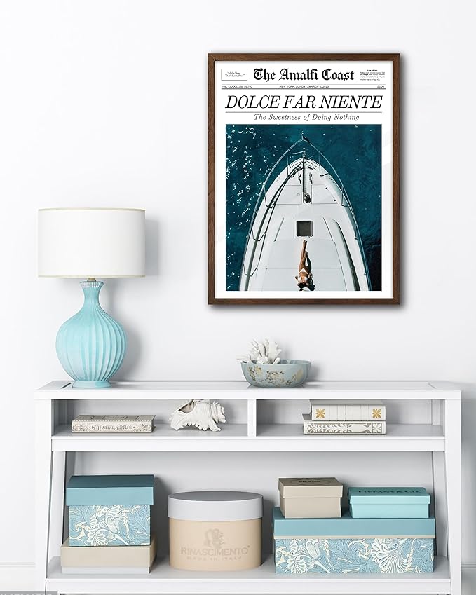 EcoHest Trendy Newspaper Dolce Far Niente Framed Wall Art, 12x16 in Walnut Color OAK Wood La Dolce Vita Canvas Art, Magazine Italian Summer Headline Print Decor, Set of 1 for Bedroom Living Room