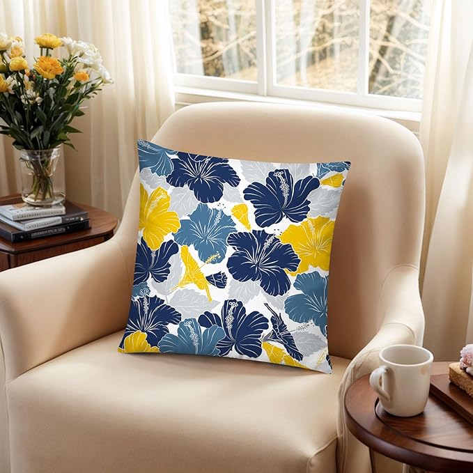 Navy Orange Throw Pillow Cover 18x18 Set of 6, Grey Blue Pillow Covers, Daisy Dahlia Pillowcase, Square Cushion Covers for Couch Sofa Living Room Home