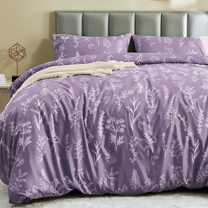 MUXHOMO Duvet Cover Queen Size, Reversible Floral Grayish Purple Duvet Cover Set with Zipper Closure, 3 Pieces Botanical Patterns Soft Microfiber Bedding Set with 4 Ties (90"x90", 2 Pillow Cases)