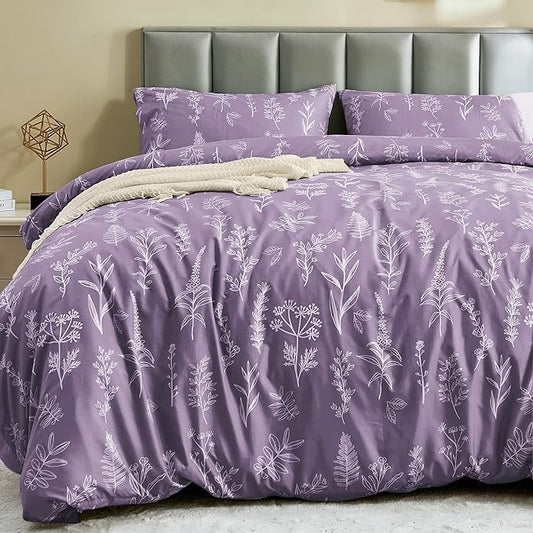 MUXHOMO Duvet Cover King Size, Reversible Floral Grayish Purple Duvet Cover Set with Zipper Closure, 3 Pieces Botanical Patterns Soft Microfiber Bedding Set with 4 Ties (90"x104", 2 Pillow Cases)
