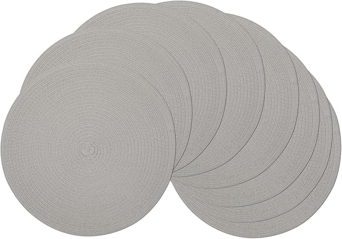SHACOS Round Braided Placemats Set of 8 Washable Fabric Heat Resistant 15 inch Grey Round Table Mats for Dining Tables (Gray, 8)