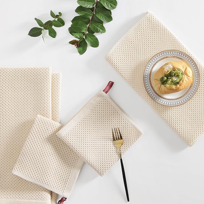 Homaxy 100% Cotton Kitchen Towels and Dishcloths Set, 12 x 12 Inches and 13 x 28 Inches, Set of 10 Bulk Kitchen Towels Set, Ultra Soft Absorbent Dish Cloths for Washing Dishes, Beige